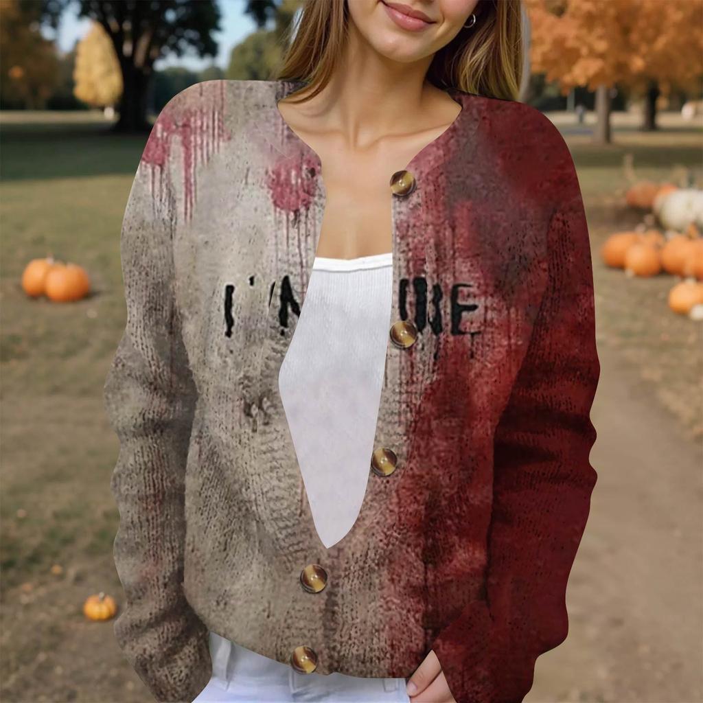 Women's Fashion Printed Long Sleeve Knitted Cardigan Button Down Jacket