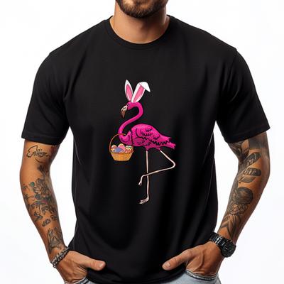 Cute Flamingo Egg Hunt Easter Bunny Funny Easter Blue And White Graphic T Shirts Camisetas De Hombre