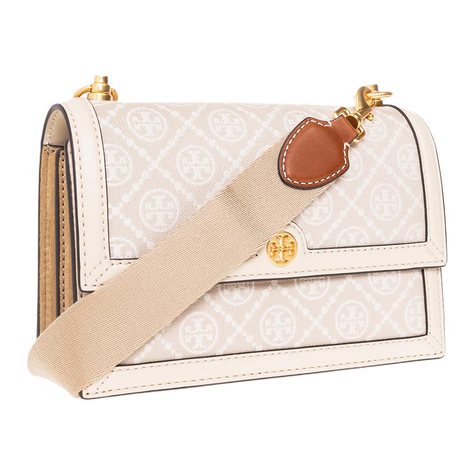 Tory Burch T Monogram Double T Logo All Over Print Fabric With Leather Trim Crossbody Shoulder Bag Small Women Bags Almond-White 147596-254