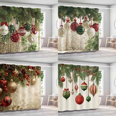 GAEChristmas Shower Curtains with Hooks Christmas Tree and Bells Shower Curtain Polyester Bathroom Curtain Home Decor Curtain