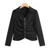 Women's Spring and Autumn T-shirt Lapel Zipper Cotton Pleated Top Fashion Slim Short High Waist Cardigan Long Sleeve Small Shirt