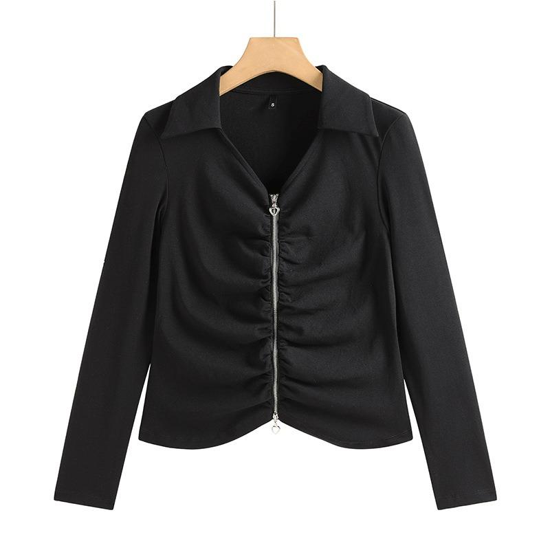 Women's Spring and Autumn T-shirt Lapel Zipper Cotton Pleated Top Fashion Slim Short High Waist Cardigan Long Sleeve Small Shirt
