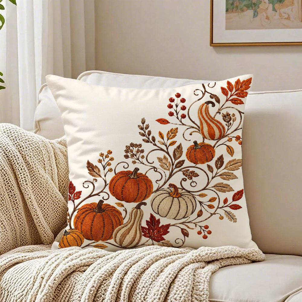 Herbstkürbis Stickerei Kissenbezug Atmungsaktiv Kurzflor Kissenbezüge Maschinenwaschbar Knitterfest Weich Langlebig 30cmx30cm(12x12Inch) white