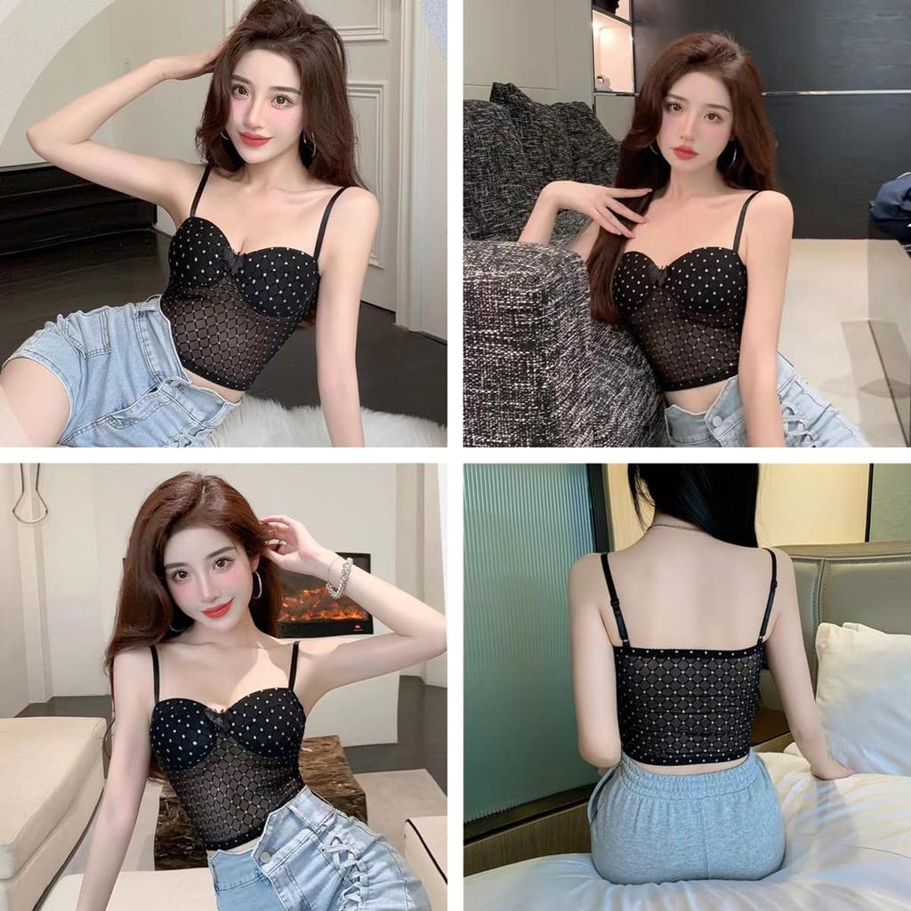 Morices Bow Camisole with Adjustable Shoulder Sparkly Polka Dot Bra Cami with Tube Top and Camisole with Integrated Underwear for Girls Women's