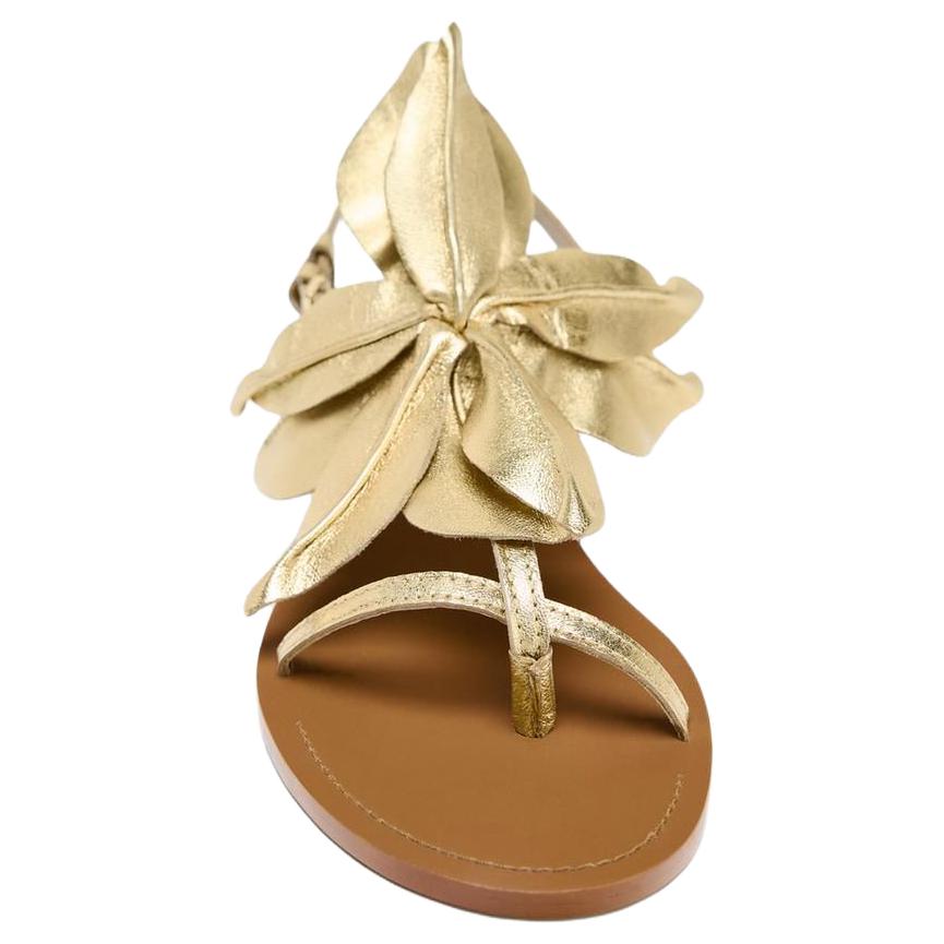 Zara Sheepskin Floral Decor Flat Sandals Women sandals Gold 3612510253