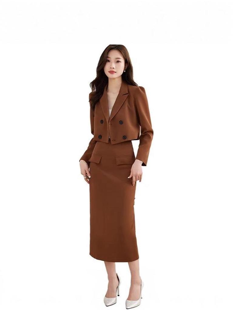 Plus Size 300 Jin Korean Autumn Double-Breasted Lapel Top and High-Waisted Slimming Skirt Set