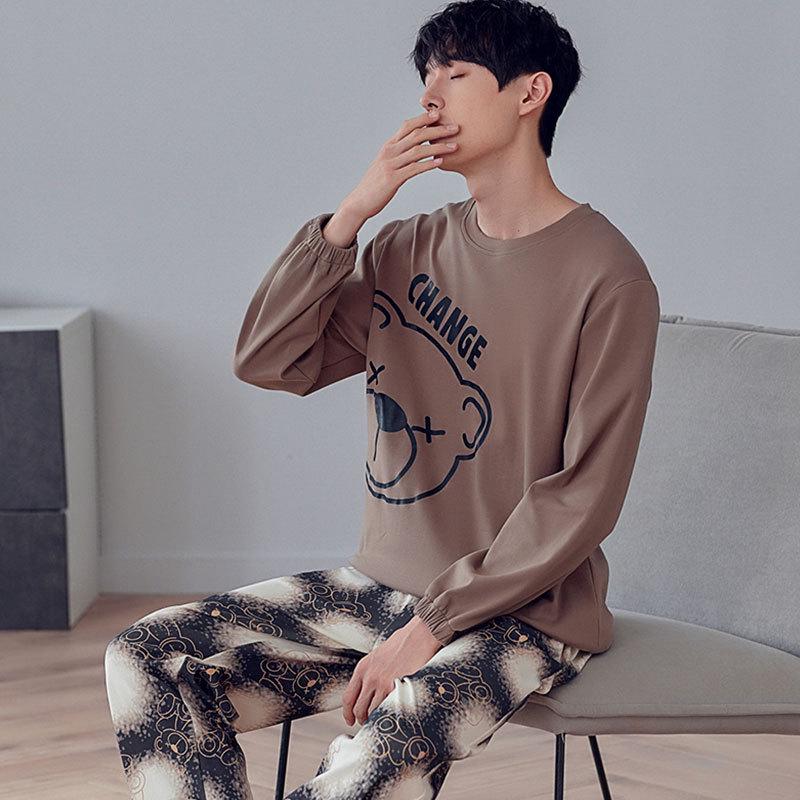 Pijama de manga larga 100 % algodón para hombre: informal, cuello redondo, ideal para usar en exteriores, perfecto para primavera y otoño.