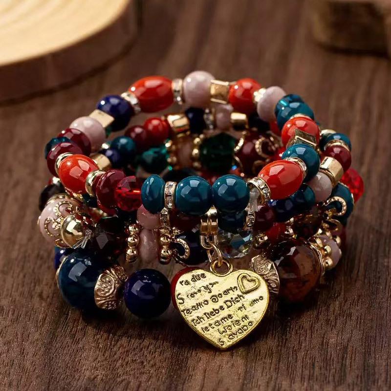 4 Bohemian Style Love Pendants, Multi-layer Bead Temperament Women s Bracelet Set