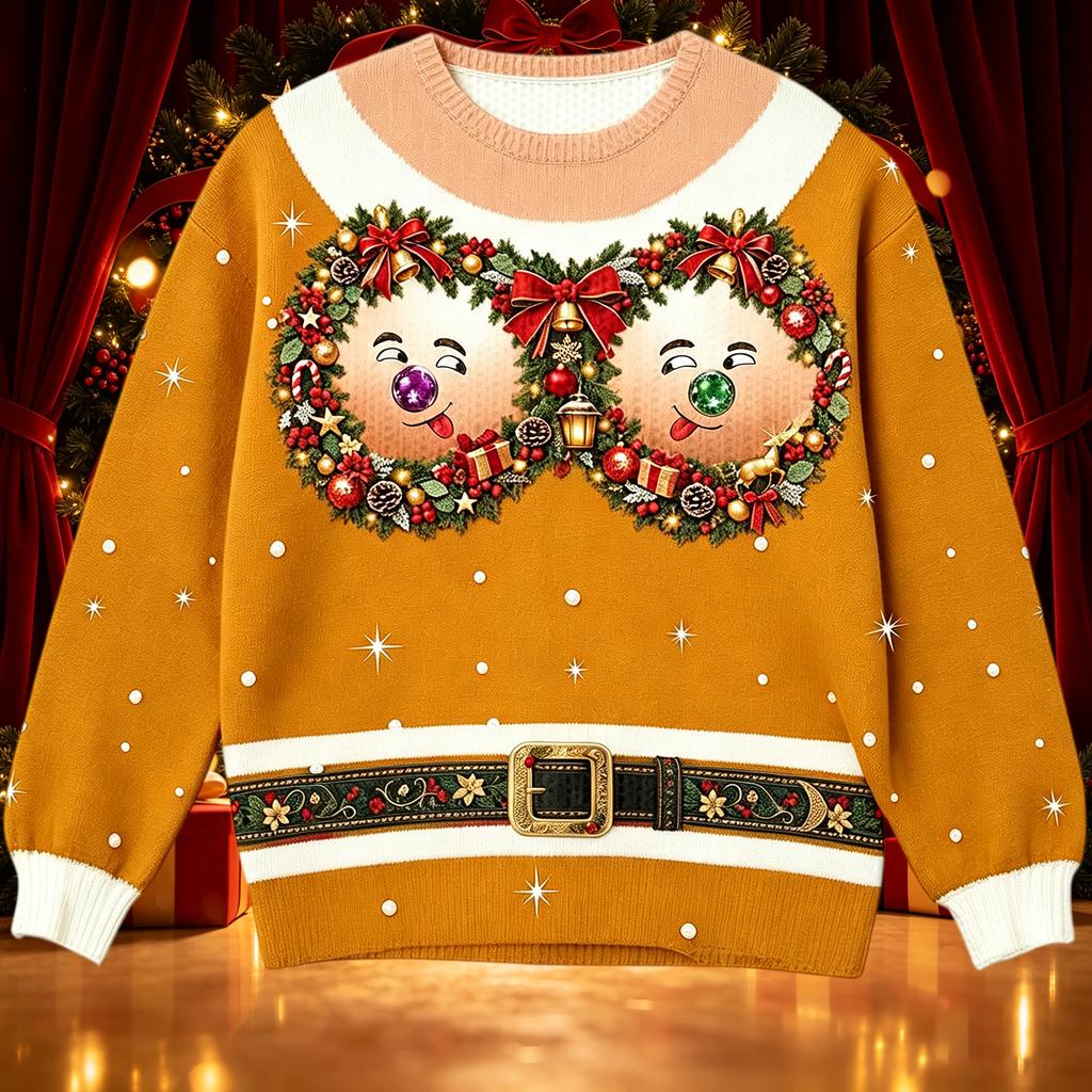 Women's Christmas Print Long Sleeve Crewneck Knit Sweater Casual Pullover