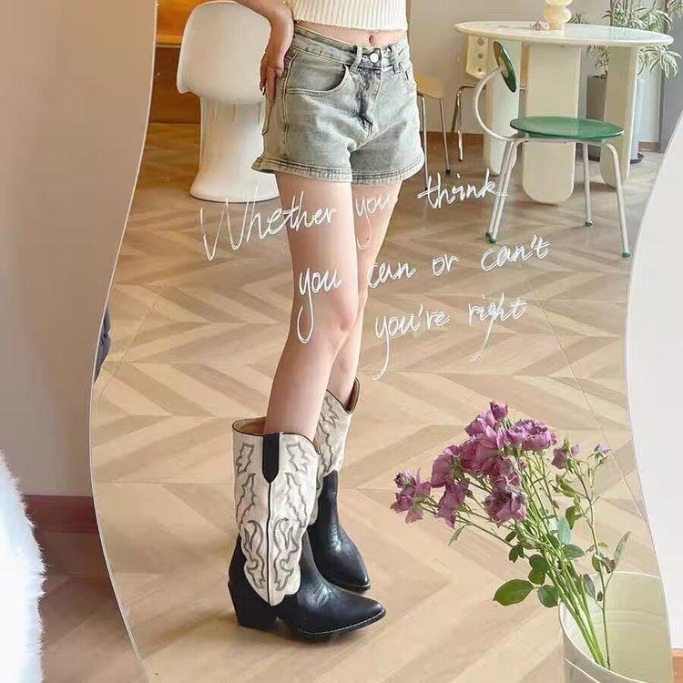 Yi Mengling's Same Western Cowboy Boots Women's Thick Heel Embroidery Thin Medium Tube Boots Versatile Color Matching Pointed Knight Boots Tide