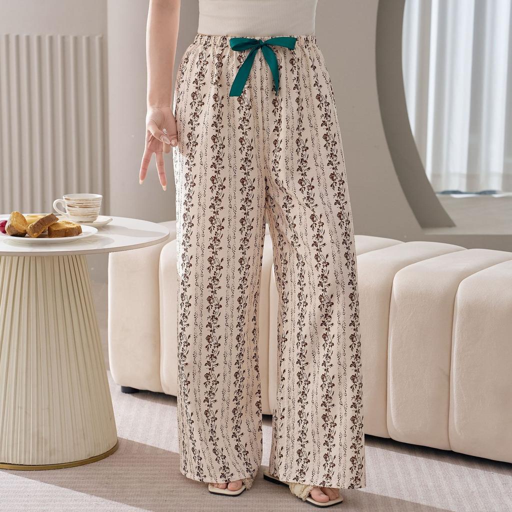 Cotton Silk Family Spring and Autumn Women's Cotton Silk Pajama Pants Wide-leg Pants Thin Artificial Cotton Can Be Worn Outside Casual Home Pants