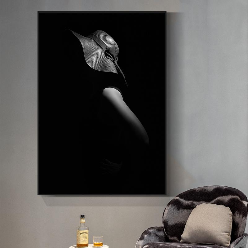 Modern Black and White Sexy Smoking Women with Red Lip Hat Canvas Painting Wall Art Pictures for Living Room Cuadros Home Decor