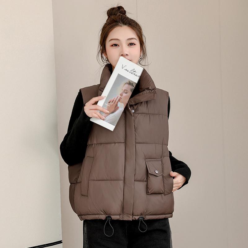 Stand-up Collar Down Cotton Vest Women's Drawstring Autumn and Winter New Loose Thickened Sleeveless Vest Jacket