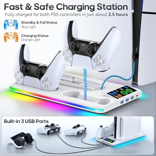 [Compatible with PS5/Slim/Pro] PS5 3 USB + 1 Type-C Charging Stand with Vertical Cooling Fan, Dual Controller Charging Station with LED Lights and Con