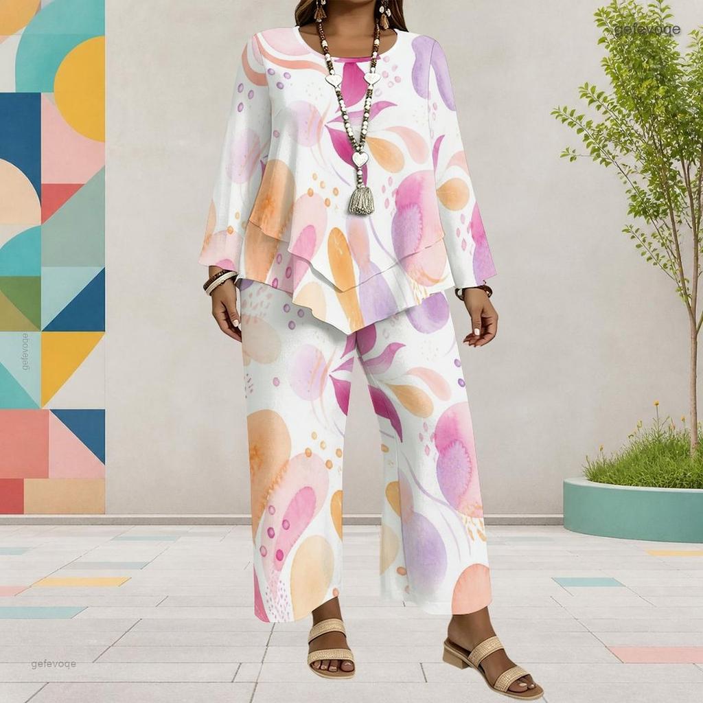Women Plus Size Printed Round Neck Long Sleeve Layered Top Wide Leg Cropped Pants Two Piece Set
