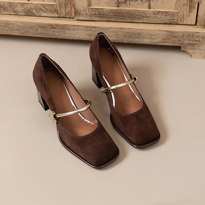 

New Retro Square Toe High Heels With Metal Strap; Shallow Mouth Velvet Thick Heel Versatile Single Shoes For Skirts Heels Women 35 коричневий