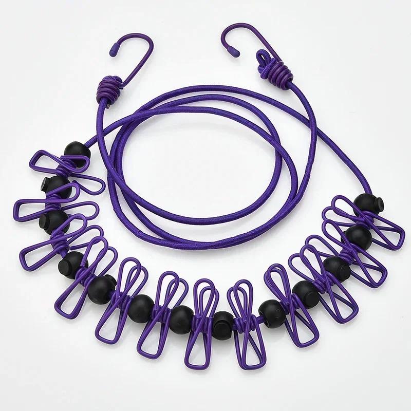 Portable Clothesline with 12 Clips Elastic Retractable Laundry Drying Rope Wind-Proof Clothes Hanging Line for Outdoor
