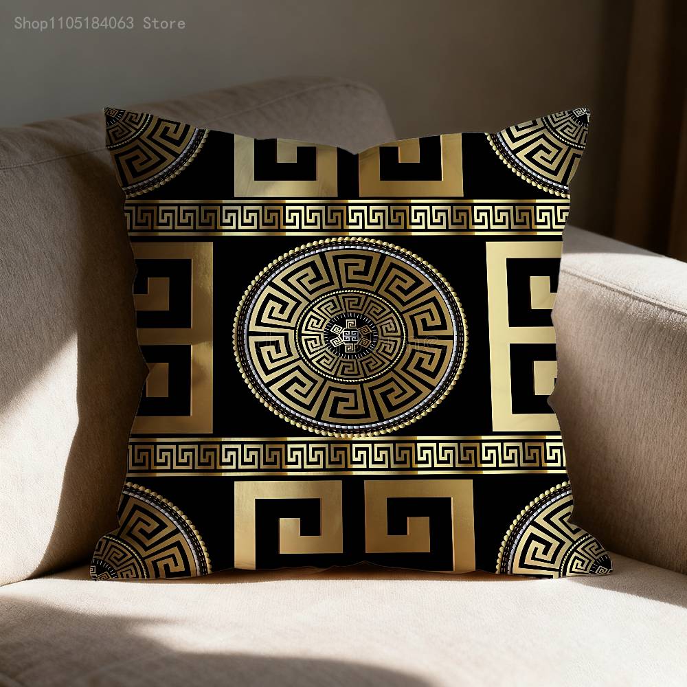 Greek Key Golden Baroque Style Pillow Case Print Polyester Fiber 40X40 Cm Home Sofa Throw Cushion Cover Decoration