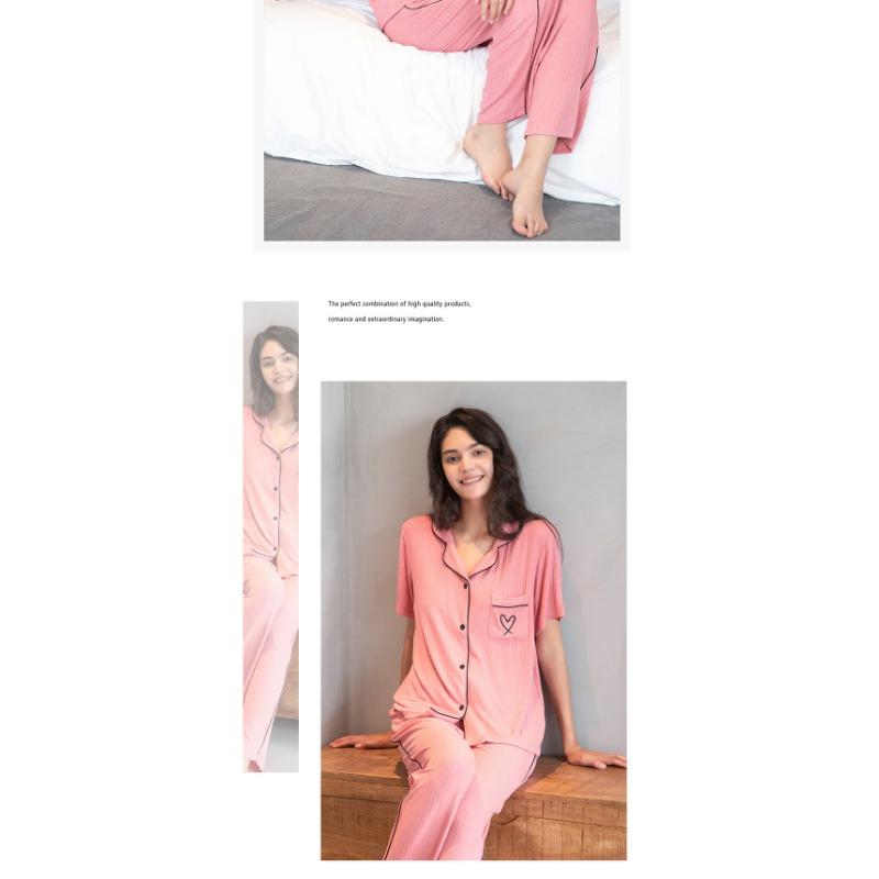 Women's Modal Rayon Pajamas Cardigan Striped Homewear Love Pockets Long Pants Casual Pajama Set