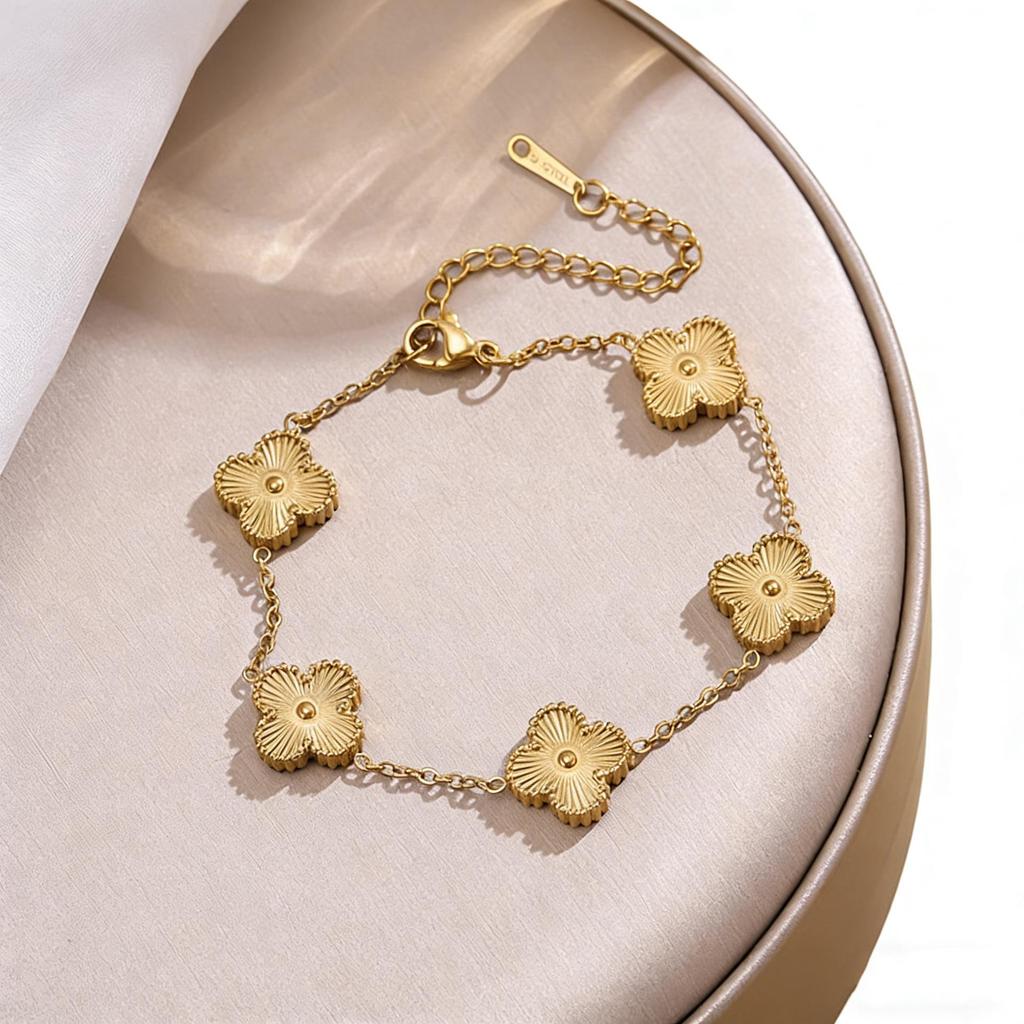 Premium Glück Titanium Stahl Vierblättriges Kleeblatt Armband & Halsketten Set - 13MM Zweiseitige Gold Schlüsselbein Kette für Eleganten Stil