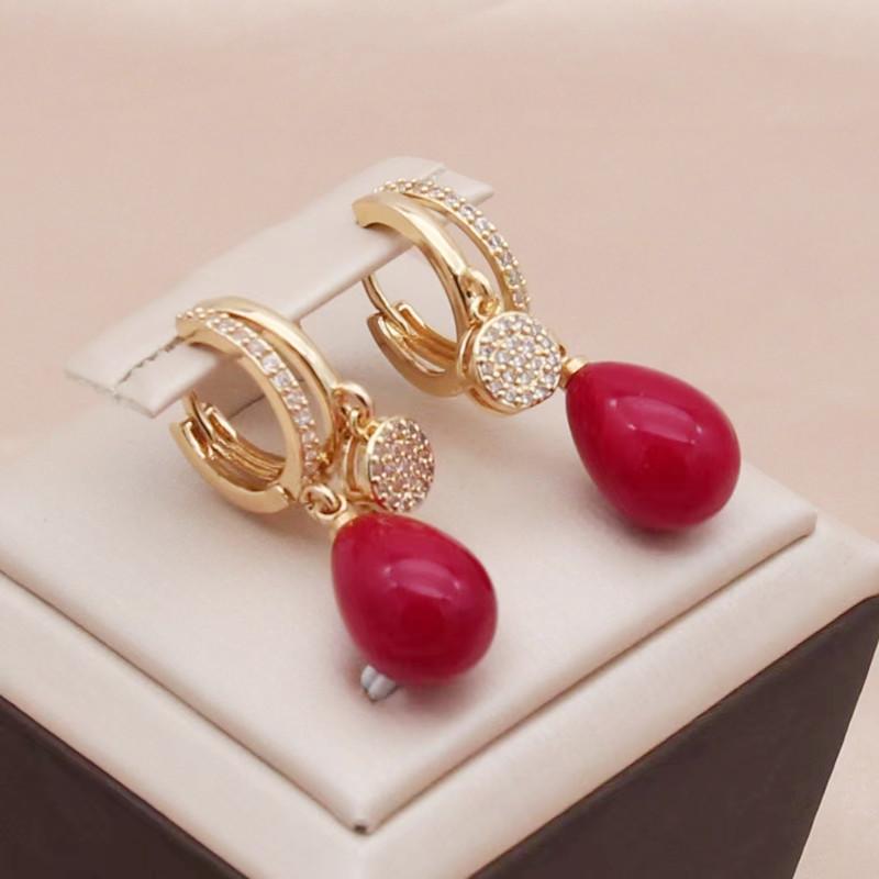 Trendy Red Imitation Pearls Drop Earrings for Women Fashion Zircon Hoop Earring Jewelry Party Accessories