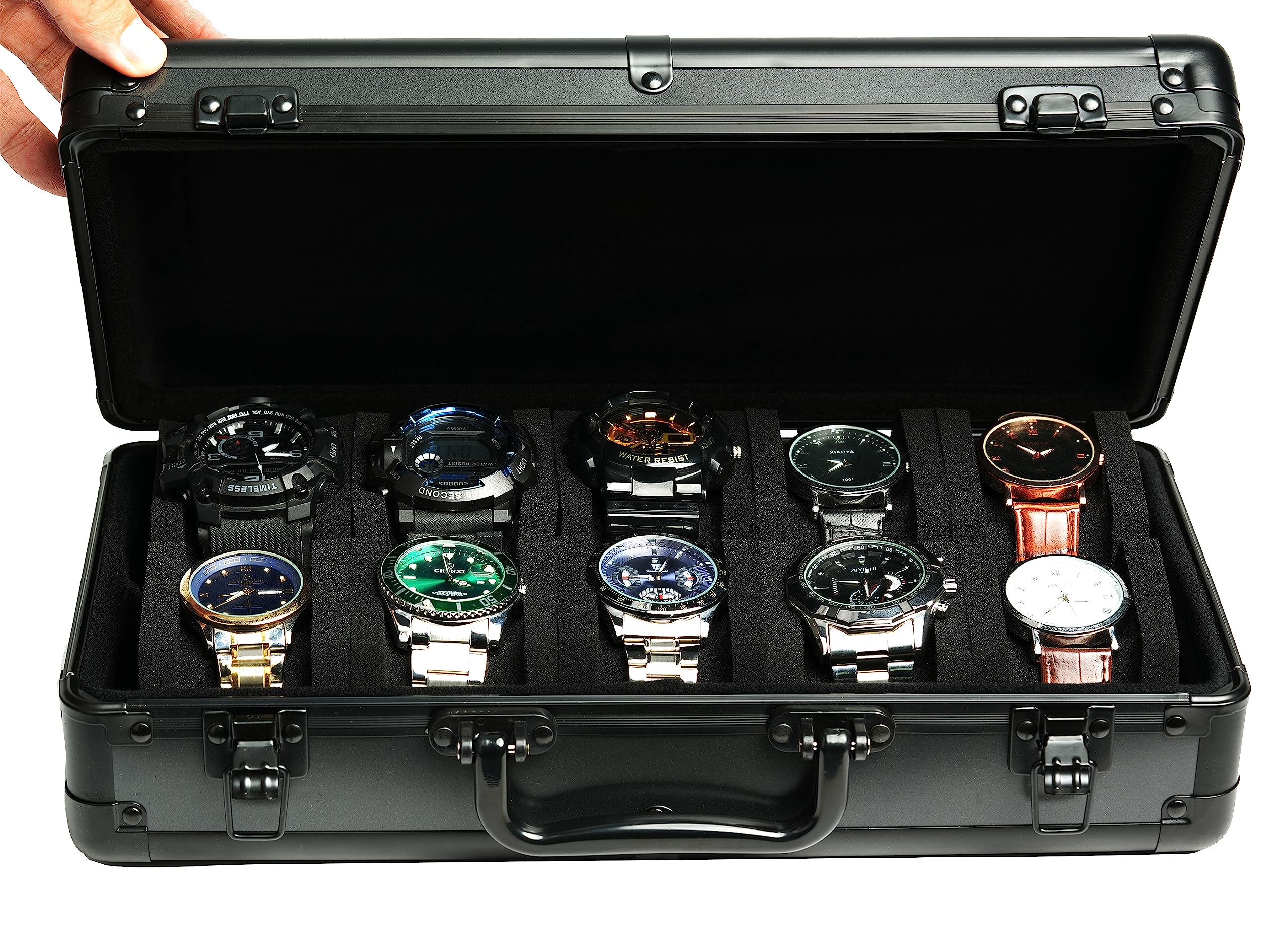 

RIGICASE Алюминиевый кейс для часов на 10 слотов, Жесткий Делюкс Органайзер-коробка для хранения часов с мягкой пенопластовой подкладкой, Плотно подходит для часов с циферблатом до 55 мм.