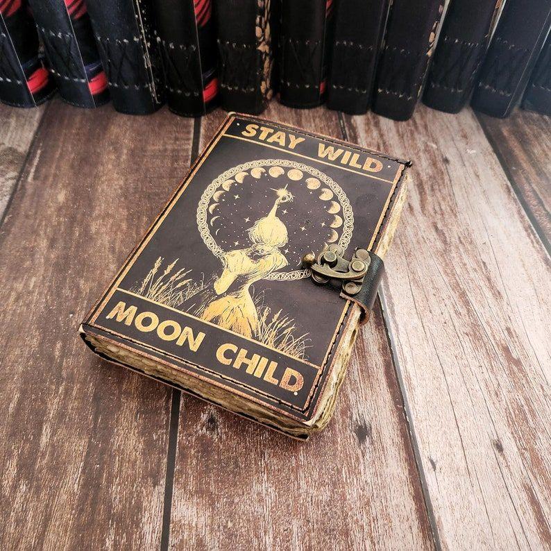 

Stay Wild Moon Child Printed Leather Journal, Leather dairy, Wedding gift, Deckle page leather sketchbook, Dream Journal, Personalized Gift. 7 x 5 in