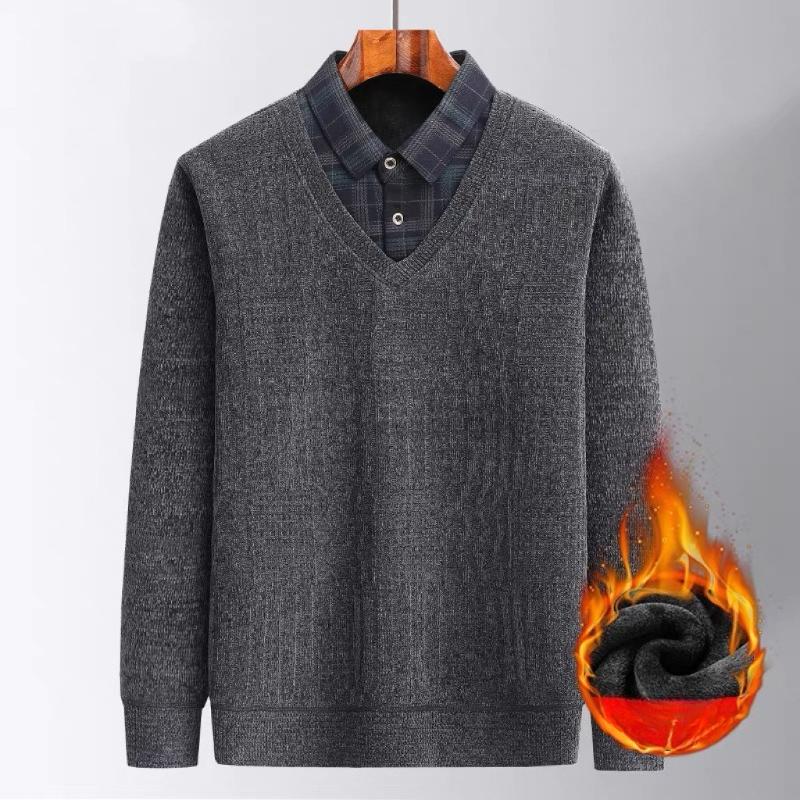 

Plus Velvet Warm Sweater Fake Two-piece T-shirt Men s Fashion Dad Winter Casual Thickened Bottoming Shirt XXXXL сірий