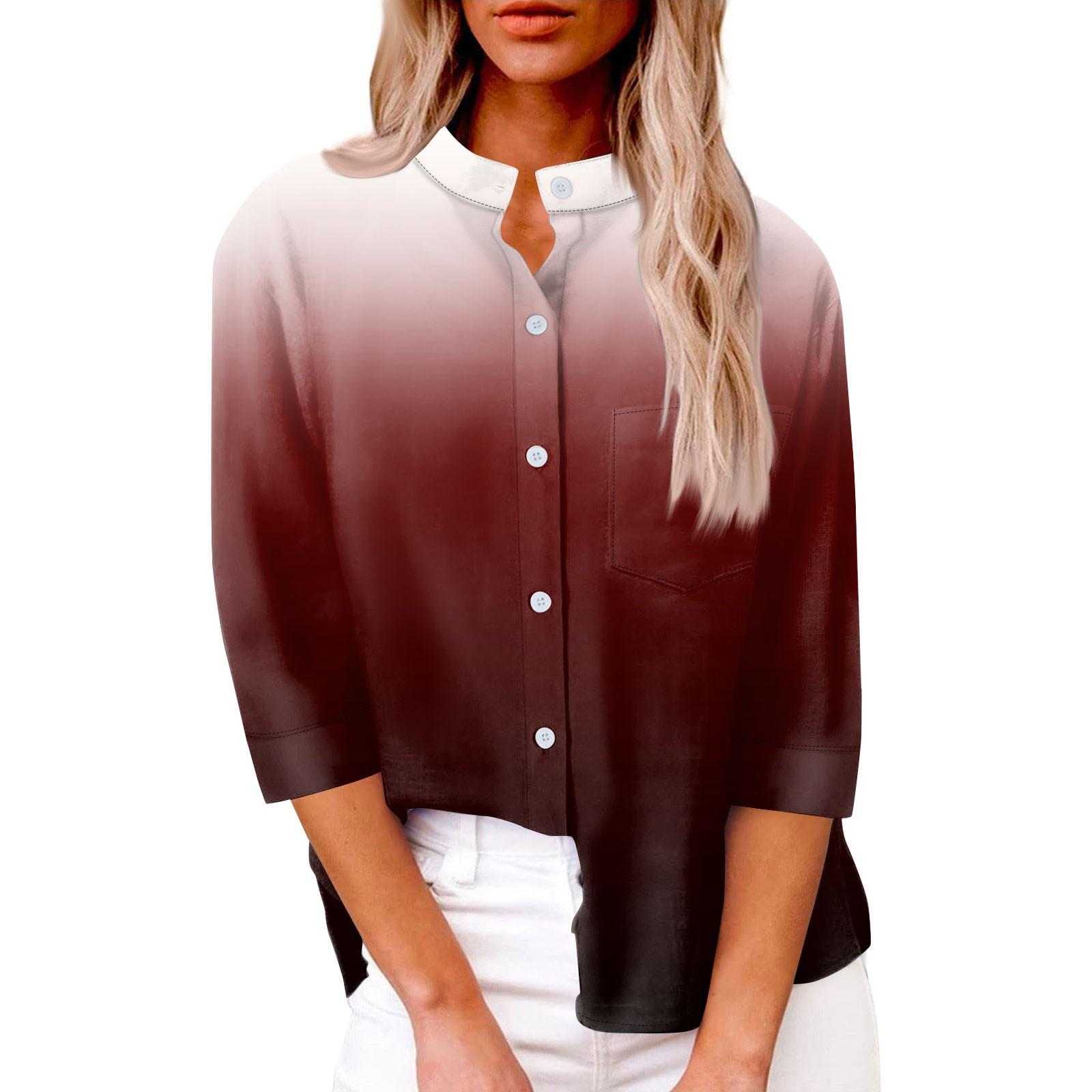 

Женская модная повседневная рубашка на пуговицах с семью рукавами и градиентным принтом XL винный