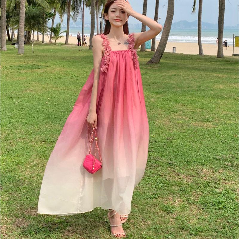 French Pink Suspender Dress Children's Summer Super Fairy Temperament High Sense Sanya Seaside Vacation Beach Dress
