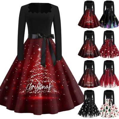 Christmas Print Flare Dress For Women Long Sleeve Dress Hollow Party Casual Square Collar Dresses