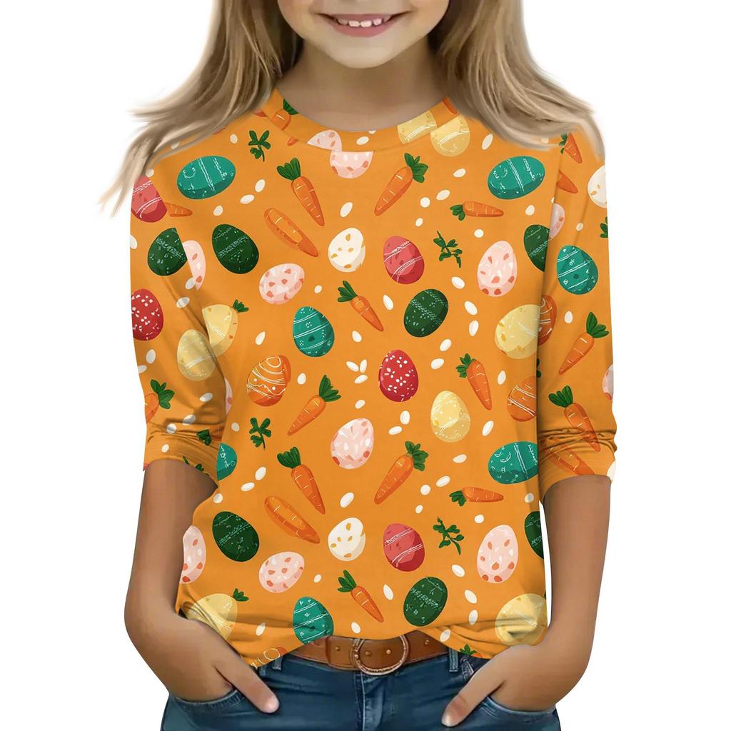 Children's 3/4 Sleeve Tops Casual Print T Shirt Round Neck Pullover Blouse