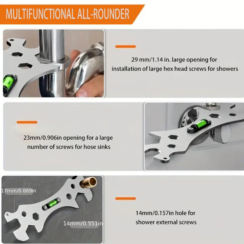Multifunctional Stainless Steel Bathroom Wrench Tool Shower Installation Hexagonal Level Faucet Angle Ruler Distance Measuring
