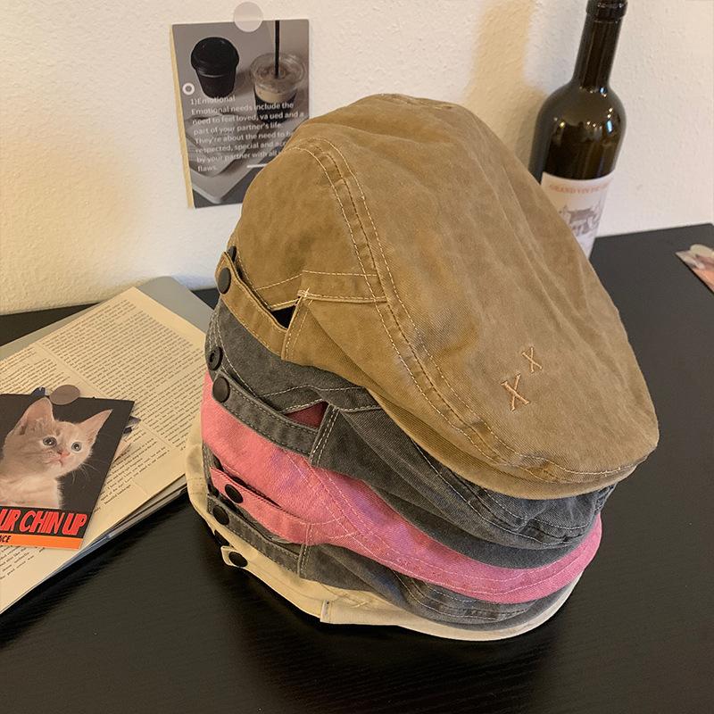 Pink Retro Denim Forward Hat Women'S American Casual Versatile Big Head Circumference Showing Face Small Beret British Style Hat