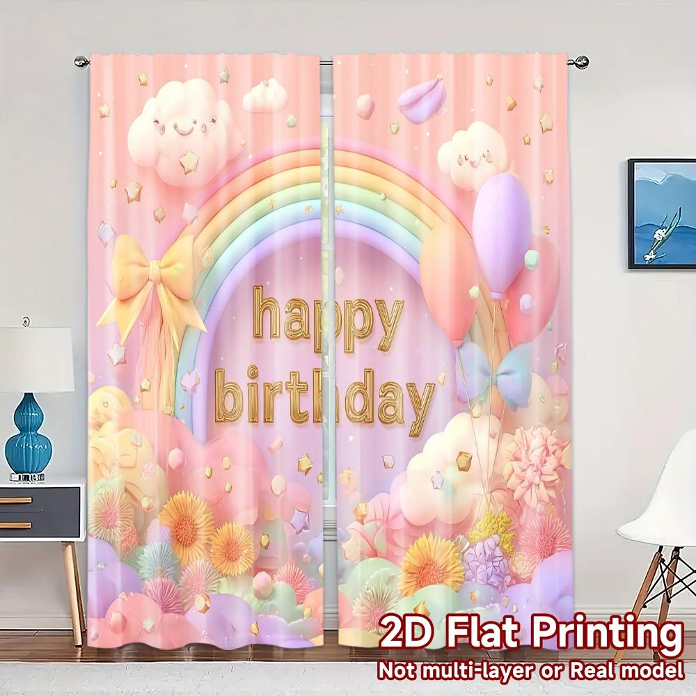 

Set Of 2 Flat Printing Curtains Without Rod Birthday Bliss Chic Print Versatile Fabric Decorations Inside Made Polyester W100*H70(CM)-Grommet top&2PCS