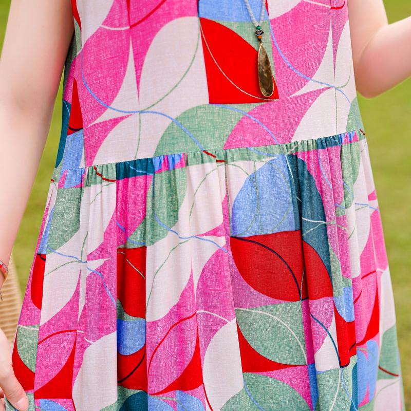 Elegant Sleeveless Dress for Women Plus Size Short Sleeve Vintage Print Long Dress Summer Casual Middle-aged Women's Clothing
