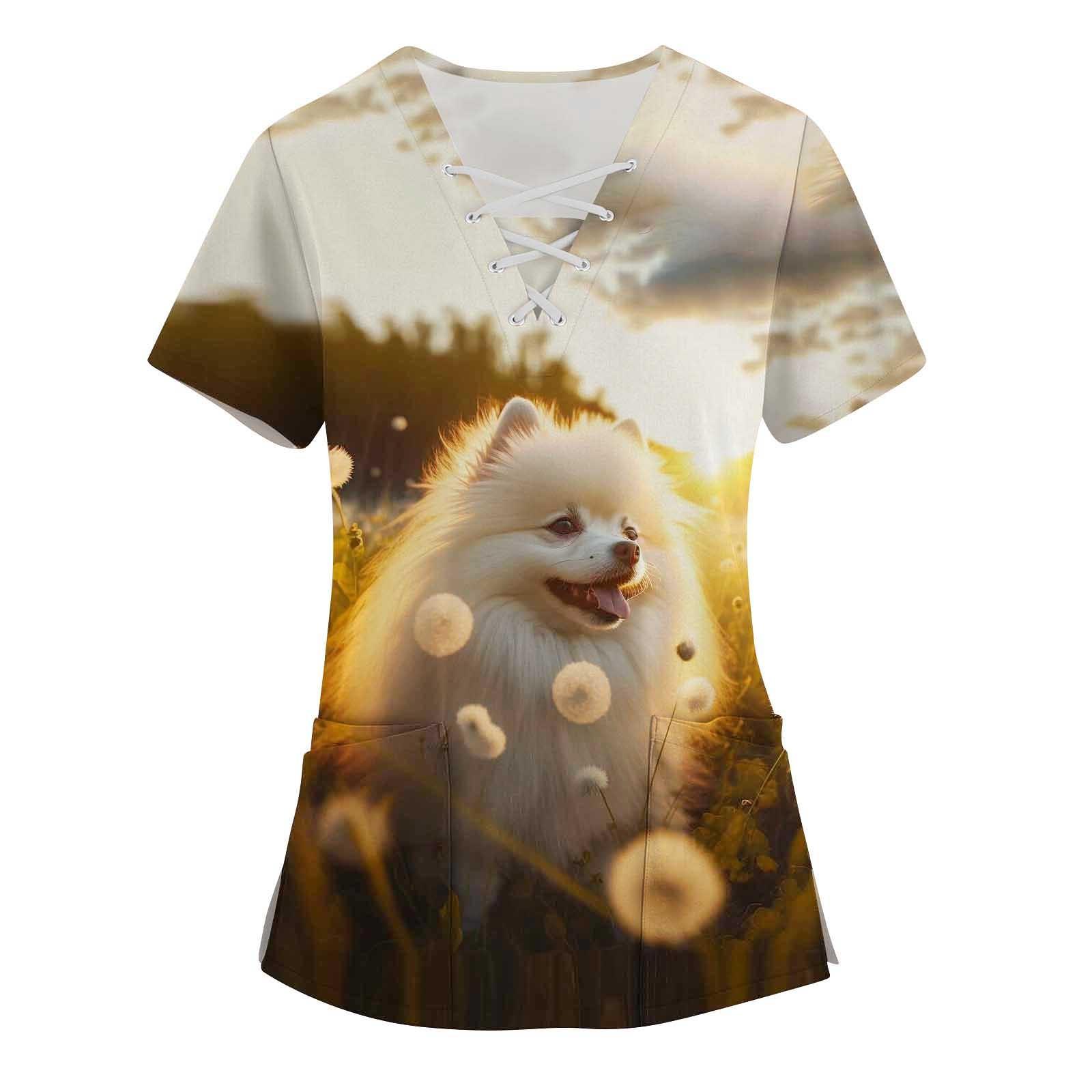 Женский топ с карманами и карманами с пасхальным принтом и v-образным вырезом с короткими — фото 9