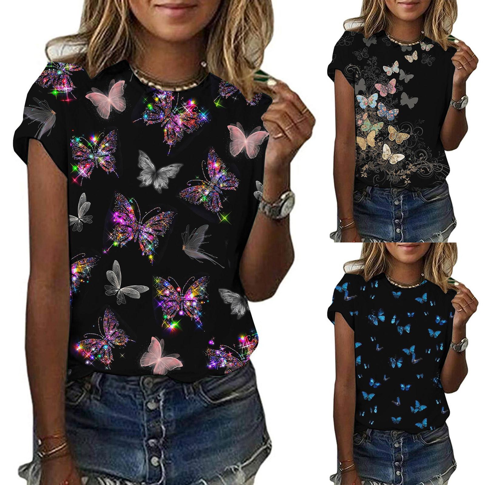 

Женская повседневная блузка с коротким рукавом с принтом бабочки с круглым вырезом и брюзкой топы