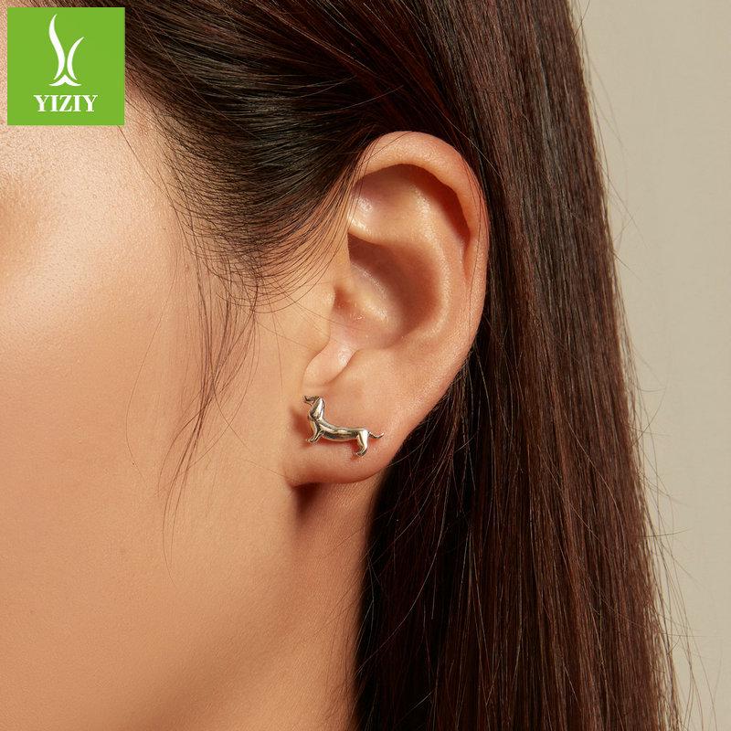Yinziyun S925 Silver Dachshund Jewelry Set: Cute Animal Earrings & Open Ring