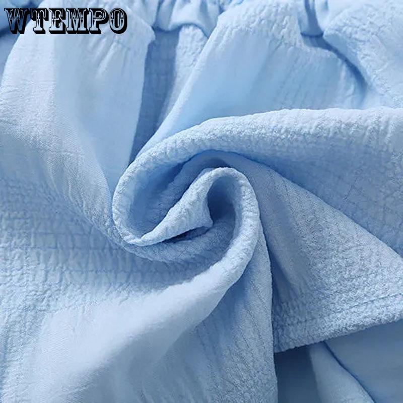 WTEMPO Chemises en mousseline de soie unie pour femmes, coupe ajustée, manches courtes bouffantes, polyvalentes, style streetwear, été