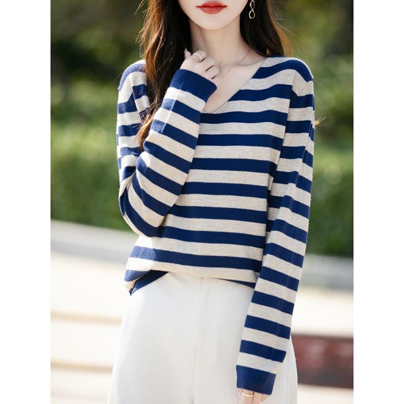 Spring and Autumn V-neck Striped Women's Long-sleeved Knitwear Loose Color Clashing Pullover Bottoming Shirt