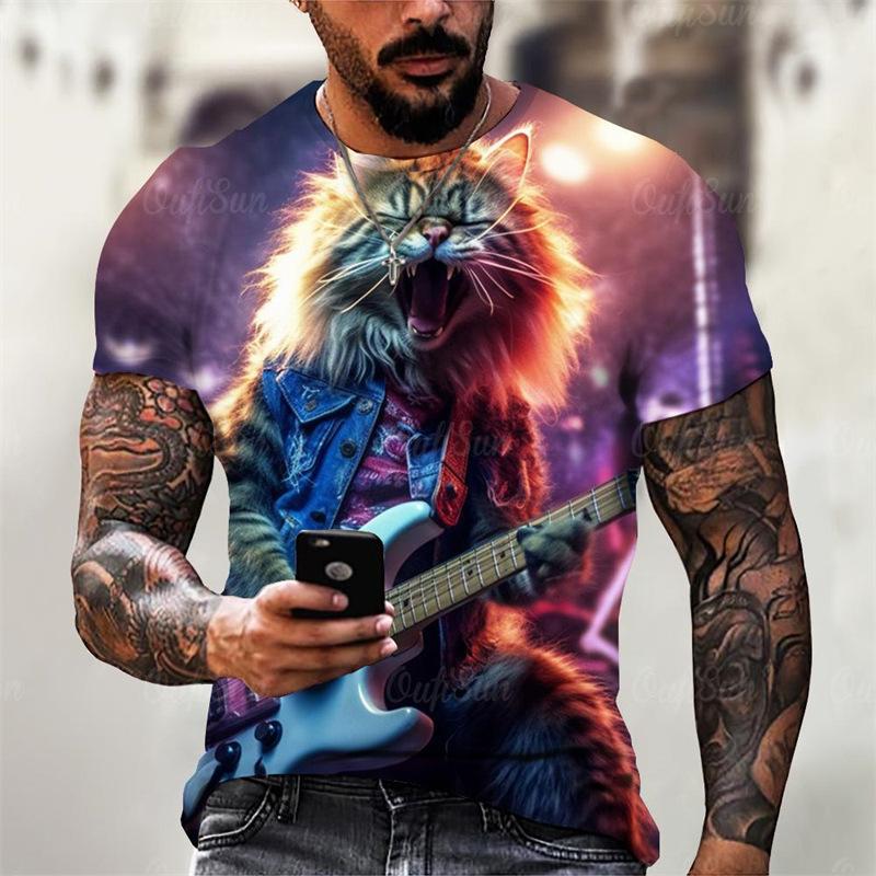 Rock Guitar Cat Graphic T-shirt Summer Fashion Short Sleeve Cool 3D Animal Printing Men's T-shirt Casual Street Shirt