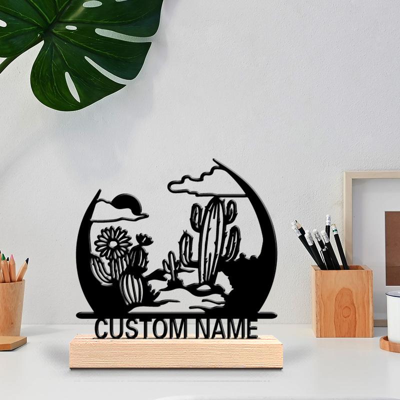 1pc Cute Personalized Custom American Desert Cactus Metal Statues Botanical Wooden Base Desk Art for Nature Lovers Office Zen