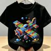 Kids Summer Crew Neck Short Sleeve T-Shirt with Colorful Building Block Airplane Print