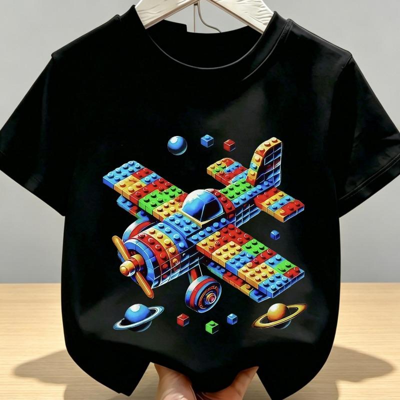 Kids Summer Crew Neck Short Sleeve T-Shirt with Colorful Building Block Airplane Print