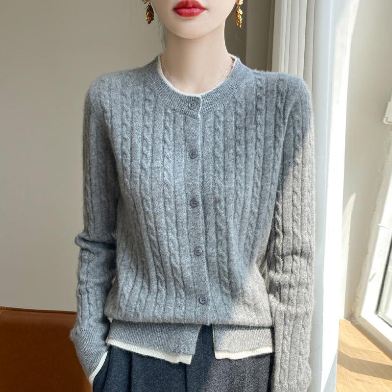 Autumn and Winter Women's Round Neck Color Matching Fake Two Cardigan Loose Twist Cashmere Sweater Knit Top