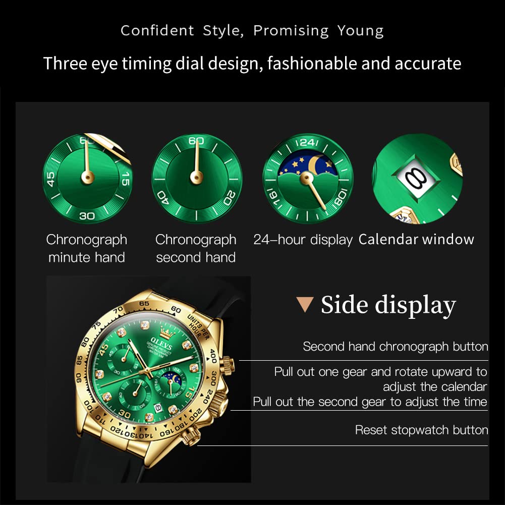 OLEVS Watch Stylish Popular Watch Fashion Japan Quartz Arm Watch Large Dial Outdoor Watch Date Green Arm Watch Waterproof Sports Business Gold Watch
