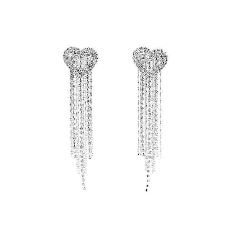 2022 Fashion Love Heart Shiny Zircon Earring For Women Bride Charm Rhinestone Long Tassel Earrings Wedding Party Jewelry Gifts