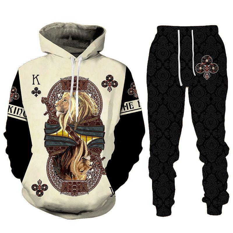Autumn Winter Men King Lion Hoodie Set Fashion Clothing Male Hooded Coat Vintage Pullover Tracksuit Casual Stylish Streetwear