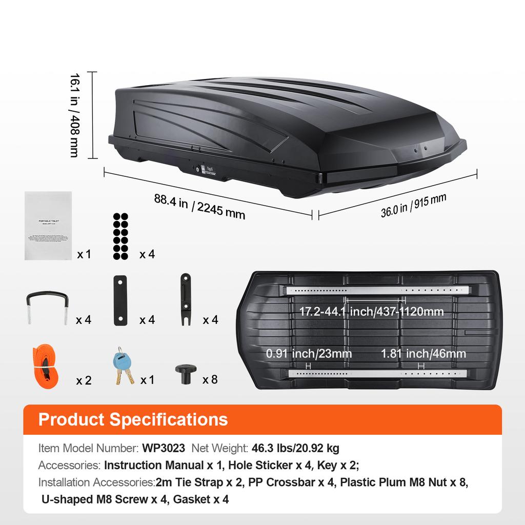 SucceBuy Rooftop Cargo Carrier Roof Cargo Box ABS Hard Shell Roof Box with Dual-Sided Opening and 2 Reinforced Strap Aerodynamic